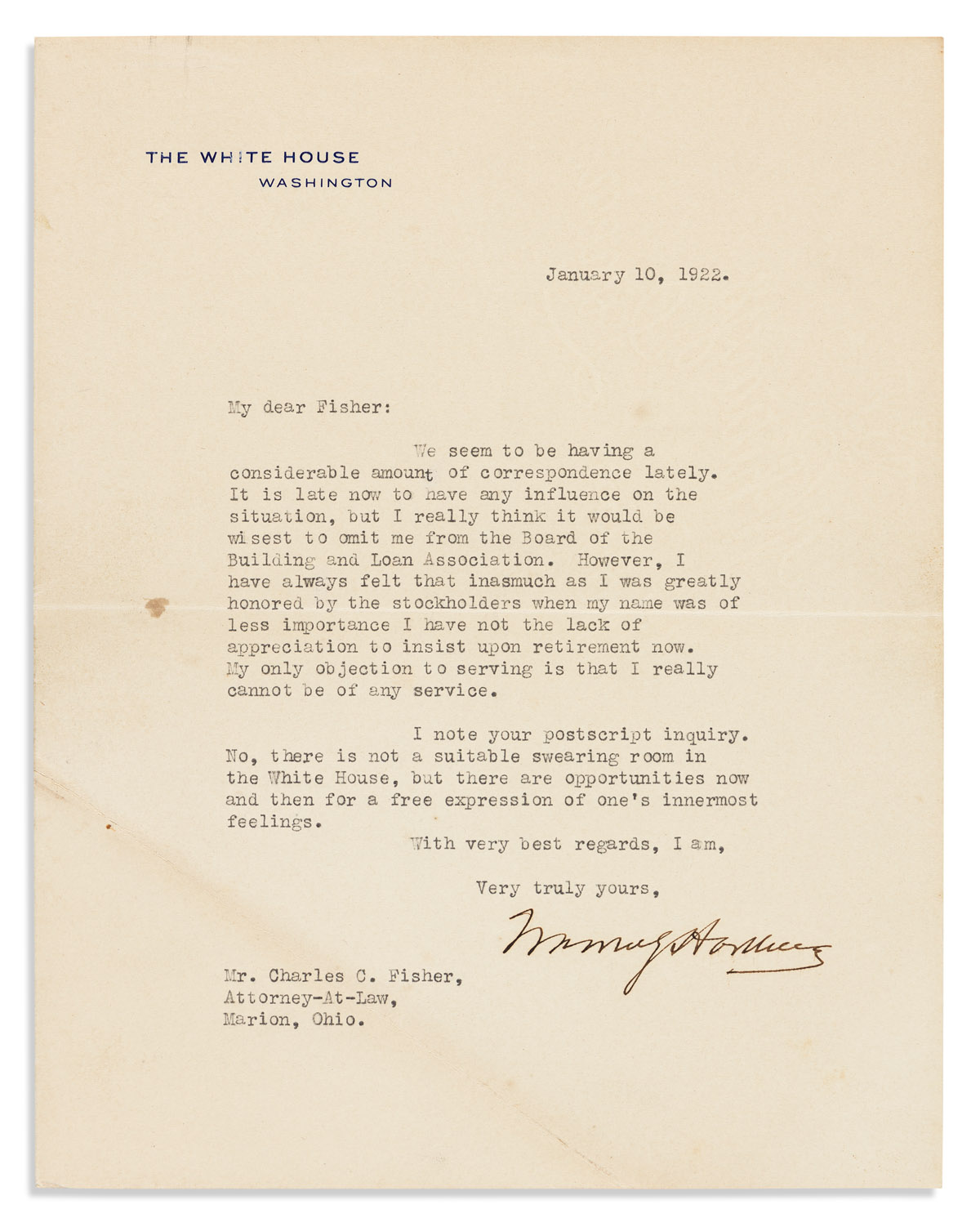 HARDING, WARREN G. Typed Letter Signed, as President, to Charles C. Fisher,